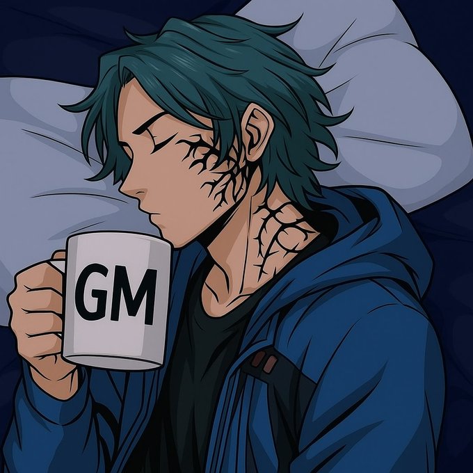 An anime-style illustration of a green-haired character with dark vein-like markings on their face and neck, drinking from a white mug that says 'GM' in black letters.