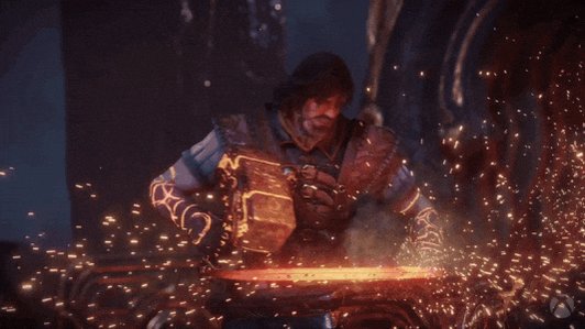 The image shows a man wearing a helmet, holding a hammer over a forge filled with sparks. The man appears to be working on a piece of metal or crafting something out of fire. The caption for this image reads "Forge is Open The gears are turning once more on #Shibarium. Validator staking is back online and stronger than ever. Delegators, validators, and guardians of the chain - your stations await!".