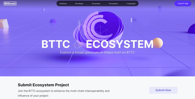 The image shows a website for the BTTC Ecosystem project. It features a purple background with white text that reads "BTTC Ecosystem" and "Submission Ecosystem Project". The website also includes a link to join the ecosystem, which is located at the bottom of the page. The post suggests that the ecosystem is focused on multi-chain innovation and aims to connect builders, applications, and users for successful blockchain networks.