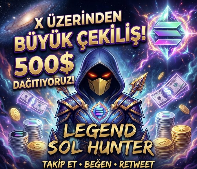 A hooded, armored warrior labeled "LEGEND SOL HUNTER" stands amid floating coins and cash, promoting a "$500" giveaway (translated from Turkish "X ÜZERİNDEN BÜYÜK ÇEKİLİŞ! 500$ DAĞITIYORUZ!") with a Solana logo and instructions to "TAKİP ET • BEĞEN • RETWEET" (Follow • Like • Retweet). The image visually reinforces the accompanying post's Solana-themed $500 giveaway contest for retweets, likes, and follows.
