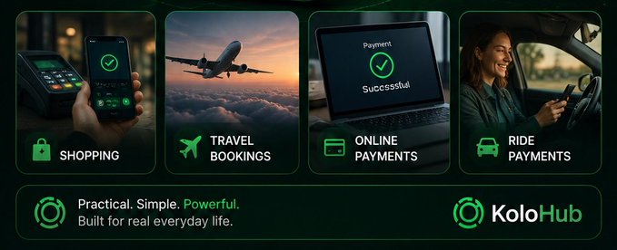 ikolopub.com advertisement features four green icons representing travel, online payments, shopping, and payment options for a car rental service.