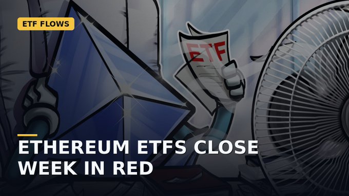 A graphic for a financial news segment is titled "ETHEREUM ETFS CLOSE WEEK IN RED" under an "ETF FLOWS" label, featuring an Ethereum logo and a fan.