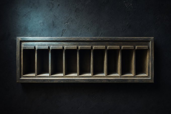 A weathered metal ventilation grate with vertical slots set into a dark textured wall. The image evokes a sense of concealment and compartmentalization, mirroring how Monero hides sender and recipient identities through stealth addresses—so that nothing recognizable surfaces on the blockchain, just anonymous slots where each transaction disappears into the dark.
