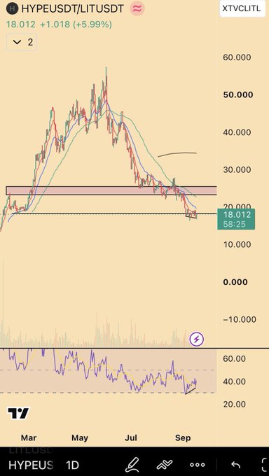 A TradingView chart of HYPEUSDT showing a ~+5.99% gain to 18.012, with the price rallying off a support zone near 15 after a prolonged downtrend from May highs of ~55, visually reinforcing the post's claim of over 50% outperformance in the past month.