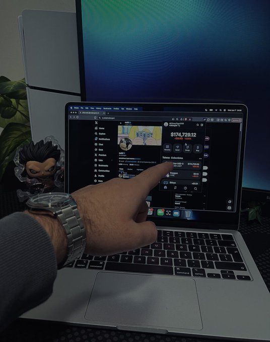 A laptop screen displays a cryptocurrency wallet with a balance of $174,729.12, showing SOL among other tokens, implying a potential giveaway to SOL addresses.