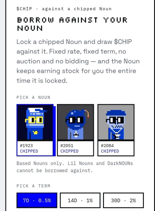 A digital interface titled '$CHIP · against a chipped Noun' shows options to 'BORROW AGAINST YOUR NOUN' with three pixel-art character selections (#1923, #2051, #2084) and term options of 7D·0.5%, 14D·1%, or 30D·2%.