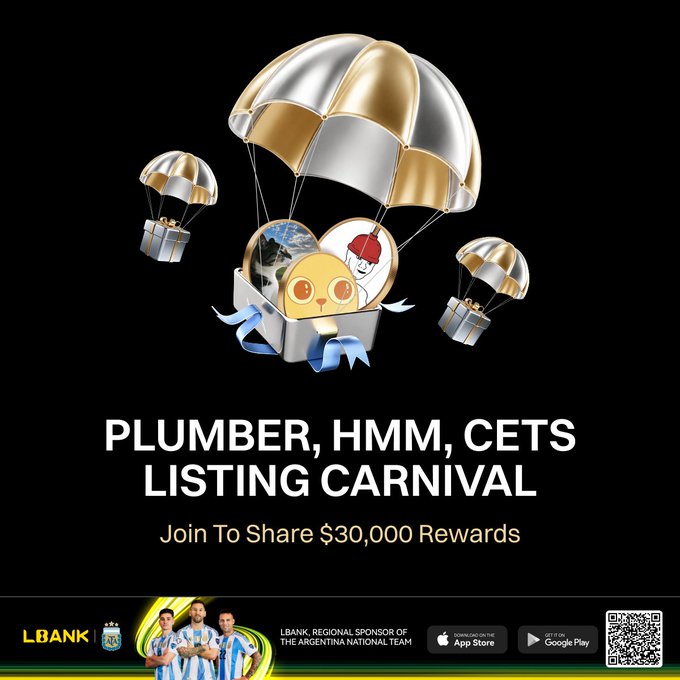 A promotional graphic featuring silver and gold parachutes carrying gift boxes with cartoon mascots above bold white text reading "PLUMBER, HMM, CETS LISTING CARNIVAL — Join To Share $30,000 Rewards." The black background is accented by LBank's branding at the bottom, including the tagline "Regional Sponsor of the Argentina National Team" alongside App Store and Google Play download badges and a QR code, directly tying into the post's call to trade $PLUMBER, $HMM, and $CETS for a share of the $30,000 prize pool.