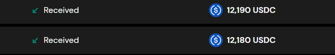 Two received transactions are displayed: 12,190 USDC and 12,180 USDC. These amounts ($12,180 and $12,190, totaling approximately $24,370) correspond to the post's announcement of "500 Variational Points" sold OTC at $24 per point.