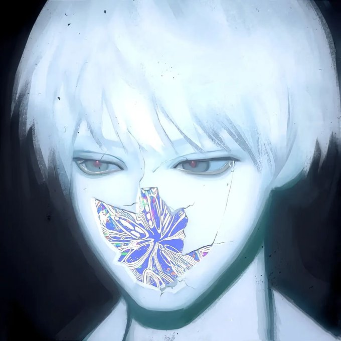 A digital painting of a pale figure with white hair, red eyes, and a cracked face revealing a colorful blue and purple flower-like pattern underneath.