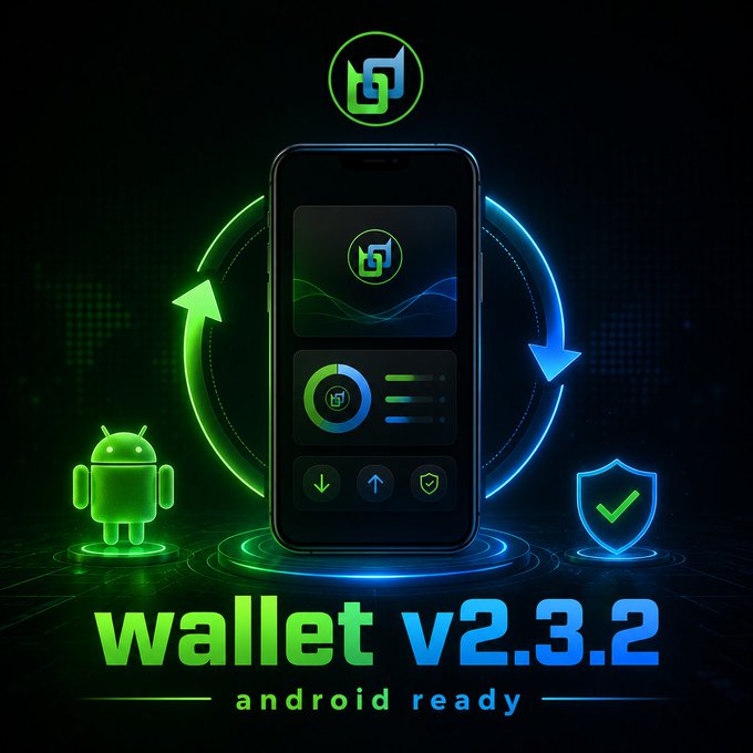 A promotional graphic for 'wallet v2.3.2 android ready' featuring a smartphone displaying a digital interface, surrounded by Android, synchronization, and security icons in glowing green and blue.