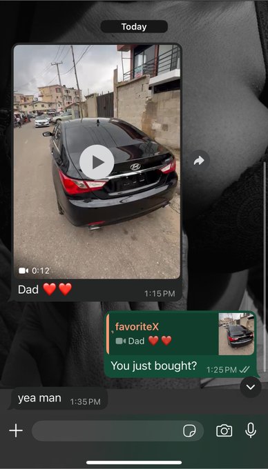 A screenshot of a WhatsApp chat shows "favoriteX" sharing a video of a black Hyundai sedan purchased by "Dad" at 1:15 PM, with the sender confirming "you just bought?" and replying "yea man" at 1:35 PM—visually backing the post's celebration of financial success through Web3.