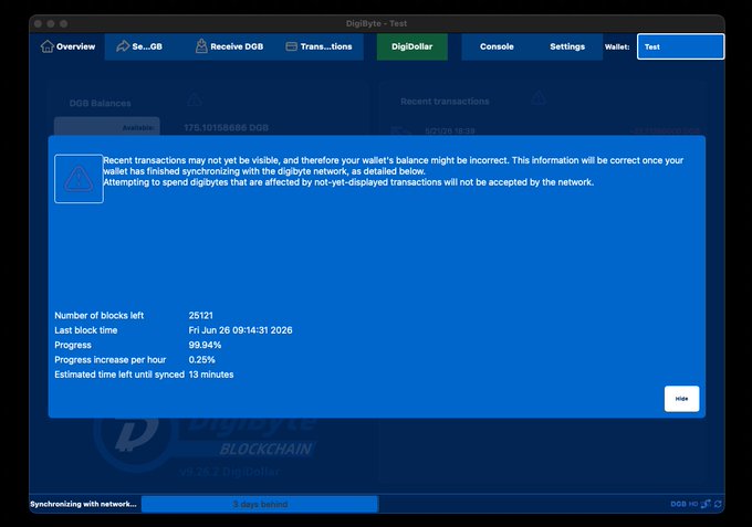 A DigiByte wallet interface showing a synchronization progress notification for upgrading to v9.26.2, with 26,121 blocks remaining (99.94% complete) at an estimated 13 minutes until fully synced. The overlay warns that wallet balances may be incorrect until synchronization finishes.
