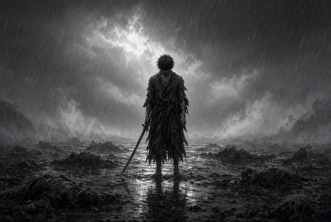 A dramatic black-and-white illustration depicts a lone warrior standing in a stormy, rain-soaked wasteland, holding a sword, with dark clouds and lightning illuminating the sky above.