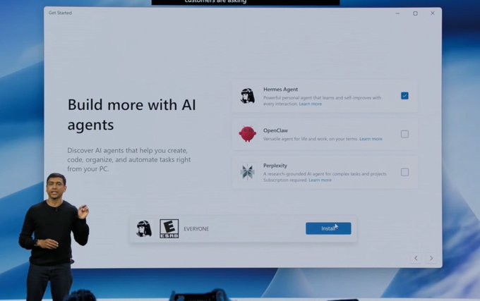 A presentation slide titled 'Build more with AI agents' featuring a slide showing a 'Get Started' interface with options for 'Hermes Agent', 'OpenClaw', and 'Perplexity'.