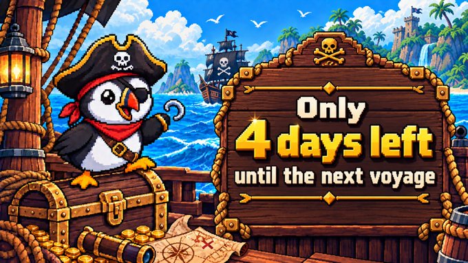 A colorful graphic shows a cartoon penguin pirate on a ship with text reading 'Only 4 days left until the next voyage.'