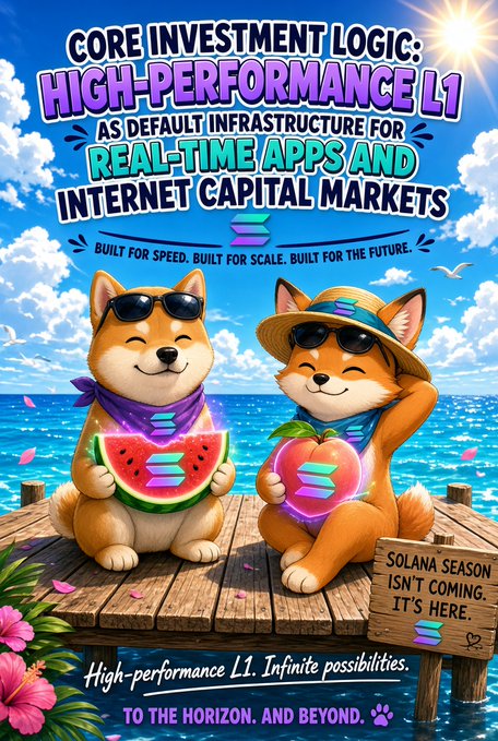 Colorful Solana promotional poster featuring two cartoon Shiba Inu dogs wearing sunglasses on a beach dock, with text reading 'CORE INVESTMENT LOGIC: HIGH-PERFORMANCE L1 AS DEFAULT INFRASTRUCTURE FOR REAL-TIME APPS AND INTERNET CAPITAL MARKETS' and 'SOLANA SEASON ISN'T COMING. IT'S HERE.'