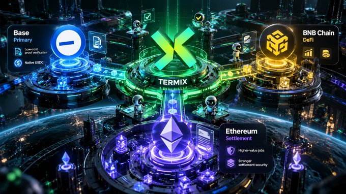 A futuristic, neon-lit graphic depicting a network of crypto chains connected by bridges, prominently featuring logos and labels for 'TERMIX', 'Base Primary', 'BNB Chain', and 'Ethereum Settlement'.