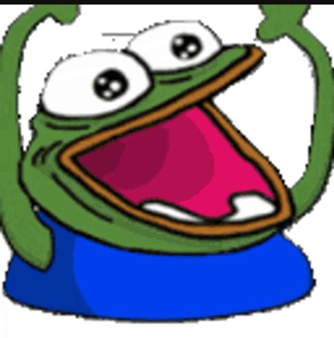 A cartoon image of the Pepe the Frog meme character with a wide-open mouth showing excitement or screaming.