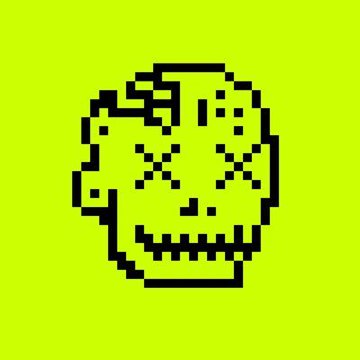 A simple pixel art drawing of a skull-like face with X's for eyes and a stitched smile against a bright yellow-green background.