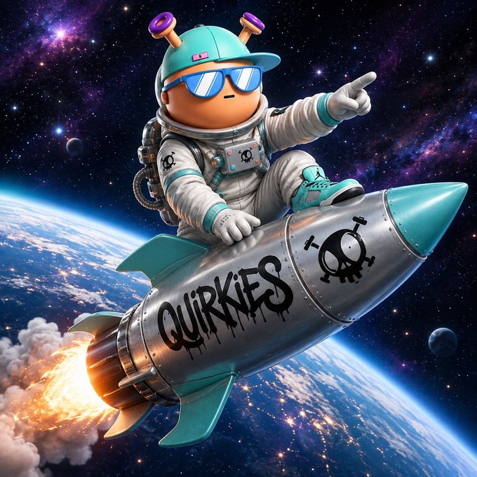 A cartoon astronaut from the Quirkies NFT collection rides a rocket labeled "QUIRKIES" through space, pointing toward the stars above Earth. The graffiti-style rocket design and space adventure imagery align with the post's "Quirkies are different" motto, celebrating the project's unique identity.