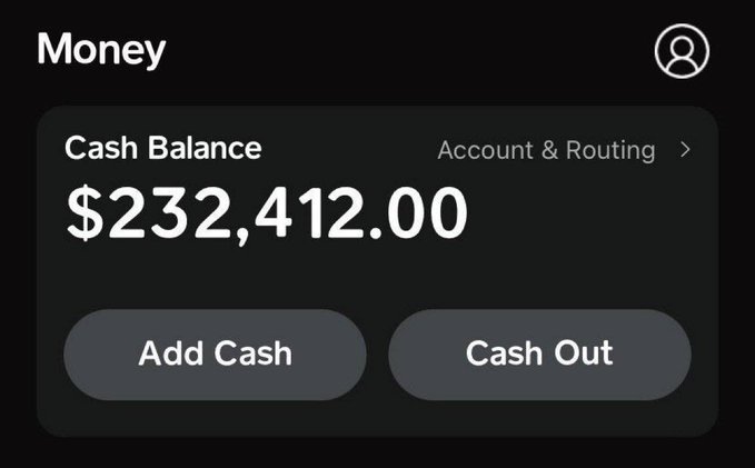 A screenshot of a financial app shows a Cash Balance of $232,412.00 with "Add Cash" and "Cash Out" options. The image appears unrelated to the accompanying post about a number-picking contest offering a chance to win $1,500.