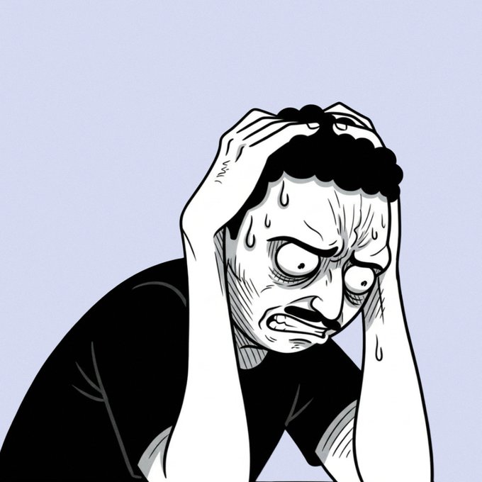 A black and white anime-style illustration of a distressed, sweating man clutching his head in his hands.