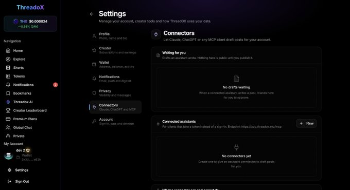 Screenshot of the ThreaoX settings page showing the 'Connectors' section, with options for Discord, ChatGPT and MCP, and a message reading 'No drafts waiting' and 'No connectors yet'.