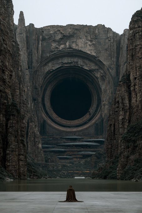 A lone figure in a dark cloak stands on a stone platform before a calm body of water, gazing up at a massive circular structure embedded in towering cliffs. The colossal, weathered monument features an enormous dark circular opening that dominates the canyon-like landscape, evoking a sense of awe and mystery.