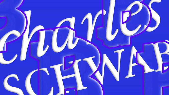 A 3D-style rendering of the words "Charles Schwab" in large white letters against a vibrant blue and purple background.