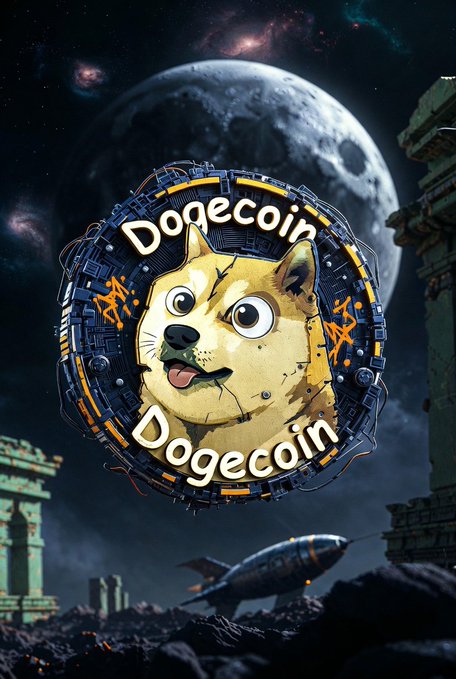 The image features a cartoon dog with a yellow face, positioned above a blue circle that reads "Dogecoin". Below the circle, there's an illustration of a rocket ship flying through space. The caption below the image states "Dogecoin", indicating the connection between the cartoon dog and the concept of Dogecoin.