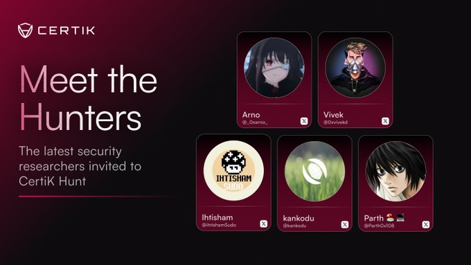 A CertiK Hunt promotional graphic titled "Meet the Hunters" showcases five newly invited security researchers—Arno (@_Diamo), Vivek (@0xveeed), Ihtisham (@ihtishamskdo), kankodu (@kankodu), and Parth (@Parth0x06)—each represented by a stylized avatar card, introducing the latest group joining the platform's bug bounty program.