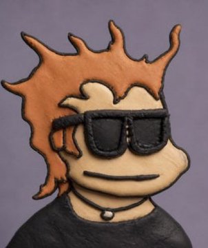 A digital illustration of a cartoon character with spiky orange hair, large black sunglasses, a choker necklace, and a black shirt against a purple background.