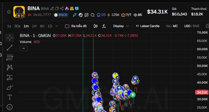 A dark crypto trading chart for “BINA,” showing a price around “34.31K,” with many circular trader markers and Binance-style interface elements.