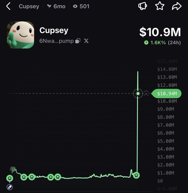 A Pump.fun chart showing the Cupsey token (6Nwa...pump) at $10.9M market cap with a 1.6% gain over 24 hours, featuring a dramatic price spike from around $600K to nearly $14M in a single vertical surge. The image visually supports the post's celebration of an organic memecoin pump from 600k to 20M without bundled or KOL-driven hype.