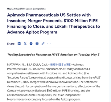 The image shows a May 5, 2026 business wire article announcing that **Apimeds Pharmaceuticals US ($APUS)** settled with Inscoe, advanced toward closing a $100 million PIPE financing, and its subsidiary Lōkahi Therapeutics would pursue an independent Apitoa program. This relates to the post's discussion of APUS's reverse merger and its subsidiary Mindwave Innovations/MindwaveDAO, highlighting a real corporate restructuring event rather than a typical crypto-tradiFi pitch deck.