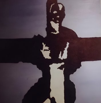 A dark, silhouetted figure stands against a pale purple background in a high-contrast, stencil-like art style.