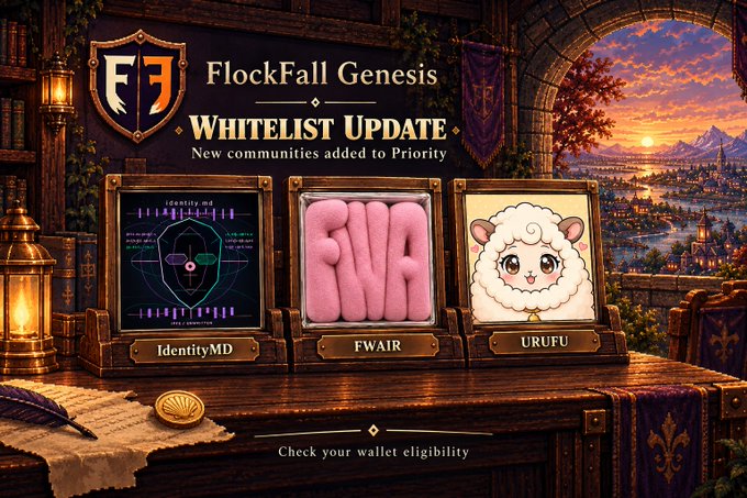 A promotional graphic for the "FlockFall Genesis WHITELIST UPDATE" features the Flock (FLOCK) logo and displays three framed identity cards for "Identity MD," "FWAIR," and "URUFU," set against a fantasy landscape at sunset, with text prompting viewers to "Check your wallet eligibility" for the OpenSea launch.
