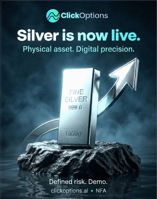 A ClickOptions advertisement featuring a 1000g fine silver bar with the text 'Silver is now live. Physical asset. Digital precision.' and 'clickoptions.ai • NFA' at the bottom.