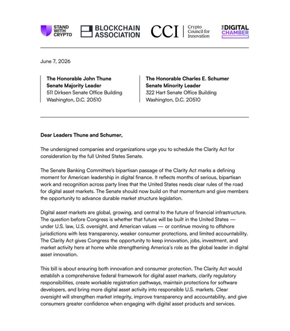 The image features a letter written by two individuals, addressed to the Senate leadership. The letter discusses the importance of passing the Clarity Act, which would clarify the rules governing ICOs (Initial Coin Offerings). The letter emphasizes that this clarity is necessary for the growth and development of digital asset markets in the United States. It also mentions several companies and organizations that have signed a joint letter to the Senate leadership, urging them to bring the bill to the floor for a full Senate vote.

The image includes text that reads "Just In: More than 200 crypto companies and organizations, including @Solana Policy Institute, Jito Labs, Orca, and Phantom, signed a letter urging Senate leaders to bring the Clarity Act to the floor for a full Senate vote." This information is crucial in understanding the context of the image.