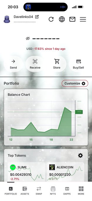 A mobile cryptocurrency portfolio app screenshot for user 'Davelinks04' showing a balance chart, top tokens including SLIME (-2.71%) and ALIENCOIN (-6.97%), and portfolio metrics showing USD -17.63%.
