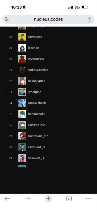 A mobile browser screenshot of 'nucleus.codes' displaying a numbered list of usernames including 'icechog', 'cryptonreis', 'BobbyCoochie', and 'KingsEcheeh' next to profile icons.