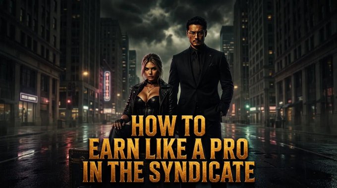 A movie-poster style image titled 'HOW TO EARN LIKE A PRO IN THE SYNDICATE' featuring a man and woman in dark clothing standing on a rainy city street at night.
