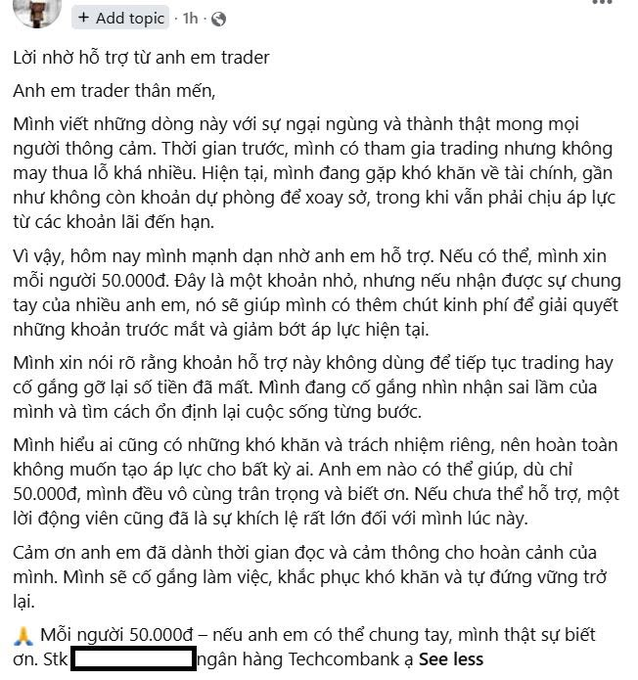 A Vietnamese-language social media post in which a user admits to losing money trading and asks fellow traders to donate 50,000 VND each via Techcombank to help cover their debts.
