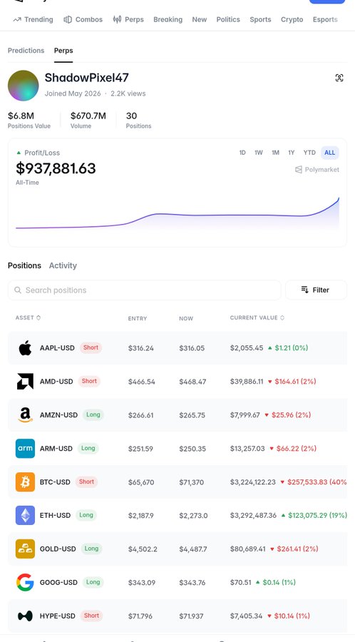 A trading profile page for user 'ShadowPixel47' on a perps platform (Polymarket), showing an all-time profit of $937,881.63, $6.8M positions value, and active short positions on AAPL-USD, AMD-USD, and BTC-USD, and long positions on AMZN-USD, ARM-USD, ETH-USD, GOLD-USD, and GOOG-USD.