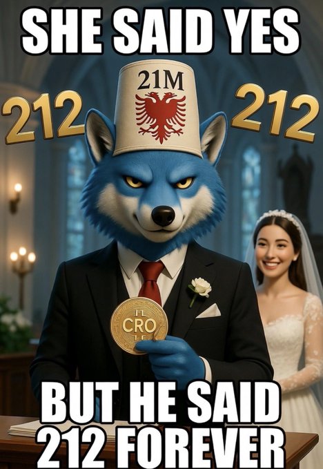 A meme featuring a wolf-headed figure in a suit holding a 'CRO' coin, with text reading 'SHE SAID YES 21M 212 212' and 'BUT HE SAID 212 FOREVER'.