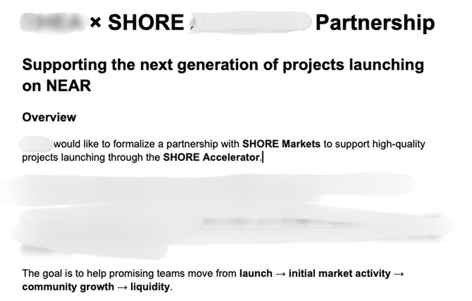 A document titled 'x SHORE Partnership' with subtitle 'Supporting the next generation of projects launching on NEAR'. The Overview section discusses a partnership with SHORE Markets to support projects through the SHORE Accelerator.