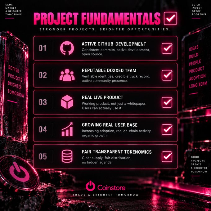 A Coinstore infographic titled 'PROJECT FUNDAMENTALS' listing five key points: Active Github Development, Reputable Doxxed Team, Real Live Product, Growing Real User Base, and Fair Transparent Tokenomics.