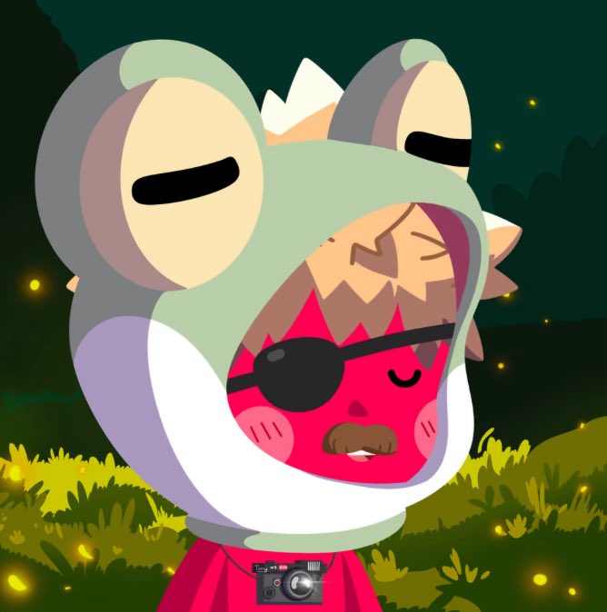 A digital illustration of a red cartoon character with an eyepatch wearing a green frog-like hood and holding a camera, set against a dark grassy background with fireflies.