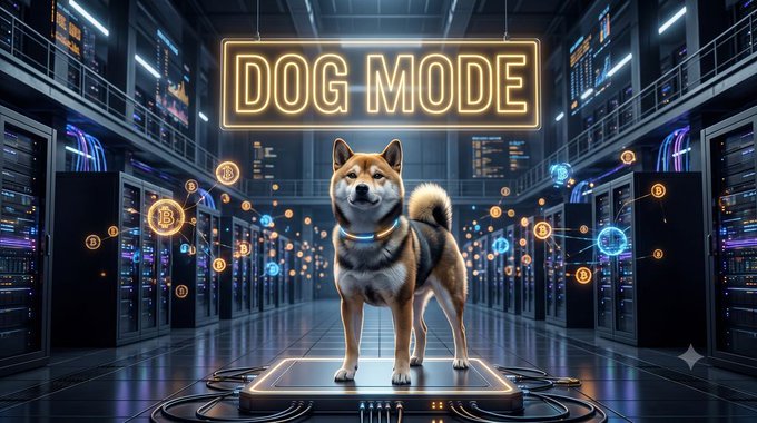 A futuristic digital rendering of a Shiba Inu dog standing on a glowing platform in a neon-lit server room, with a large illuminated 'DOG MODE' sign hanging above and Bitcoin symbols floating around.