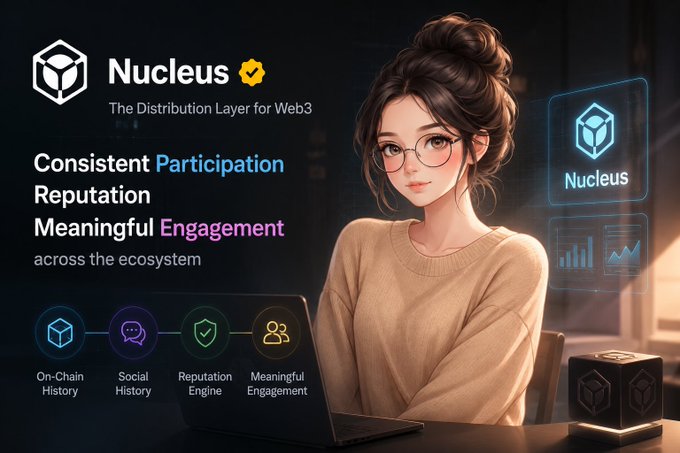 A promotional image for "Nucleus – The Distribution Layer for Web3" featuring a bespectacled woman at a laptop, with text highlighting "Consistent Participation, Reputation, Meaningful Engagement," and icons for On-Chain History, Social History, Reputation Engine, and Meaningful Engagement.
